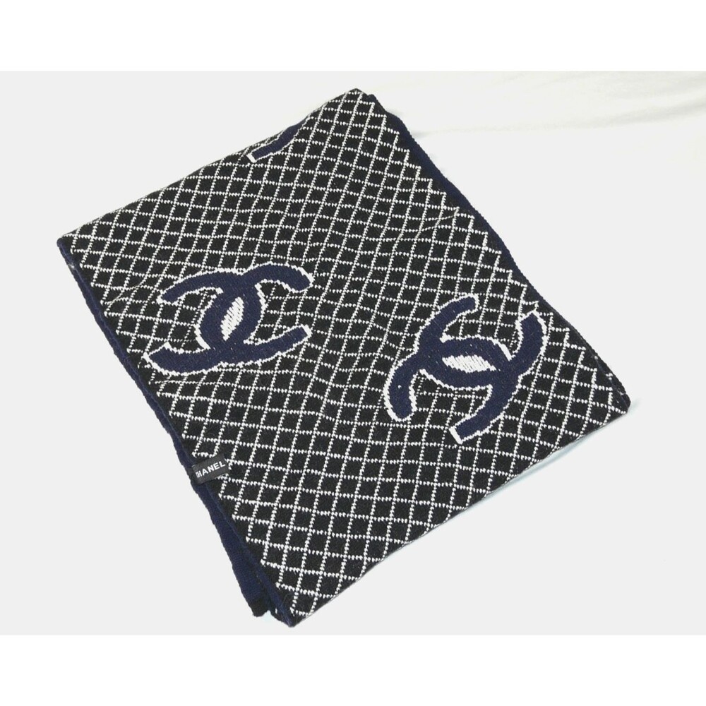 Chanel Cashmere & Silk Logo Allover Scarf Shawl Stole Blue Black White 60" x 12"